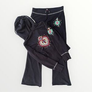 Vintage Y2K SET ‘Twisted Heart’ ♥️ Embroidered Hoodie & Flare Lounge Pants, Med